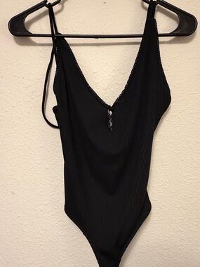 Black Ribbed V-Neck strappy Bodysuit - Women Intimates & Sleepwear